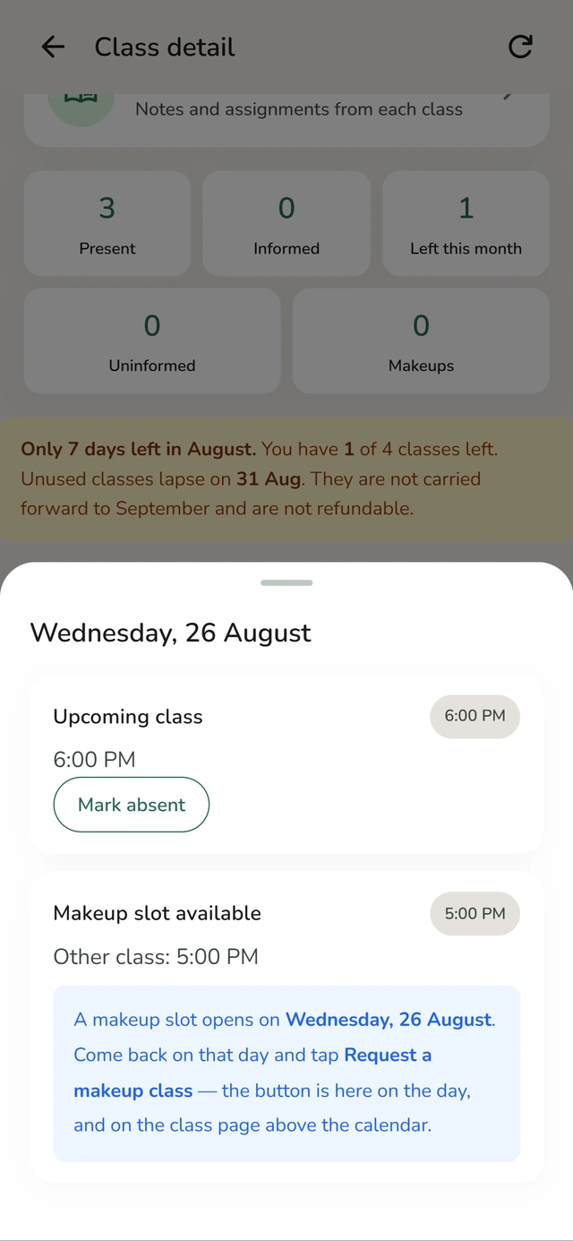Marking a class absent, with an available makeup slot offered alongside.