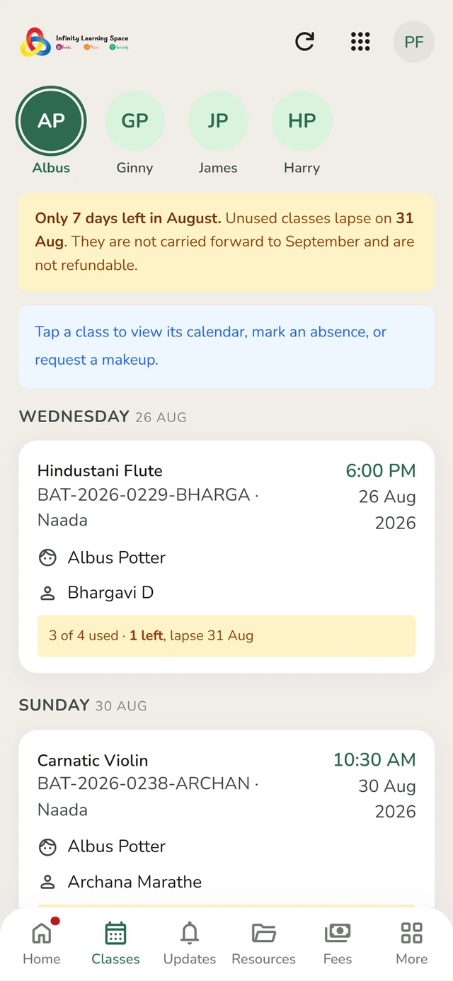 The home screen: each child in the family, their next class, and how many classes are left this month.