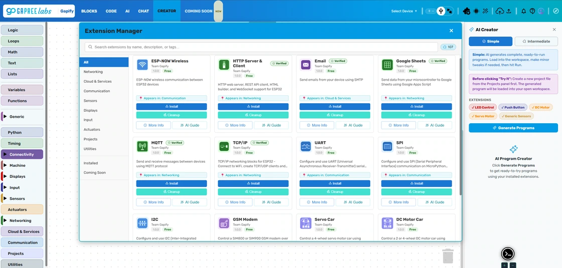 The extension manager: Wi-Fi, MQTT, email, spreadsheets, motors and sensors, each installing into the workspace as blocks.