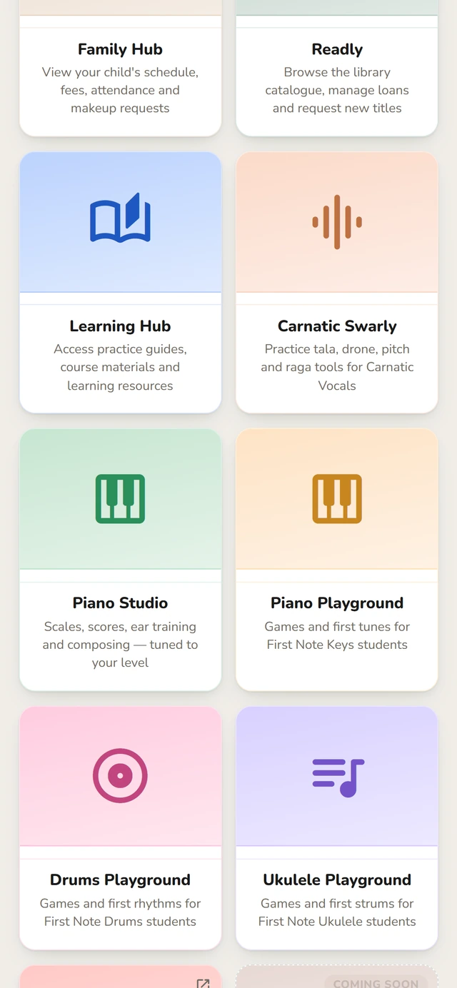 The app grid: Family Hub, Readly, Learning Hub and a practice studio for each instrument, with the ones still to come marked.