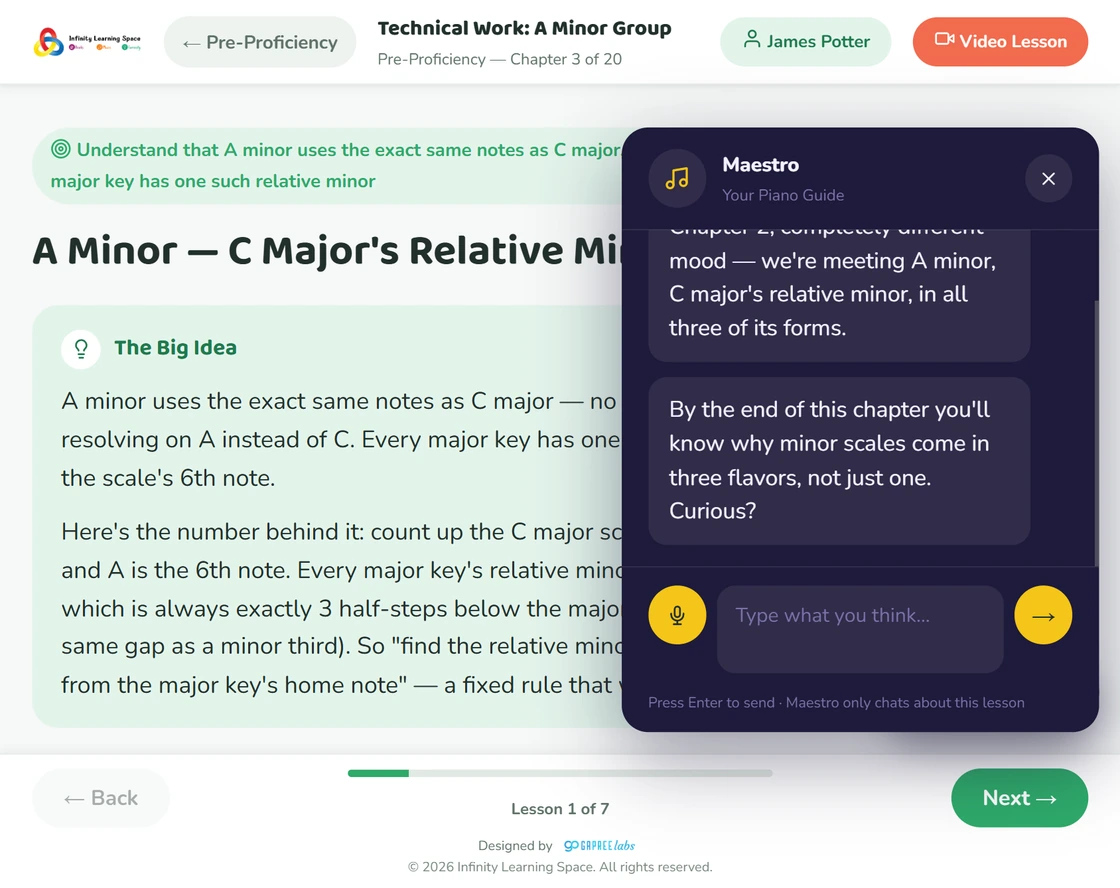 A chapter of the course, with the lesson video and Maestro answering questions alongside it.