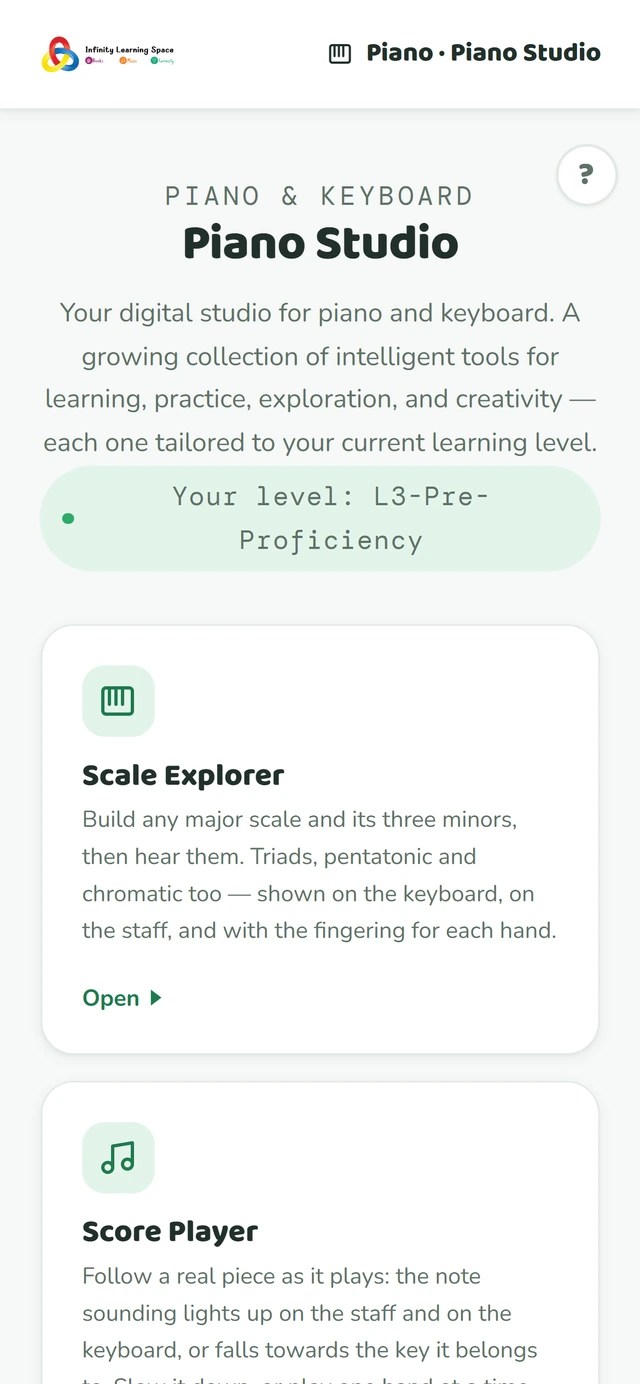 Piano Studio, showing the tools available and the level they are matched to.