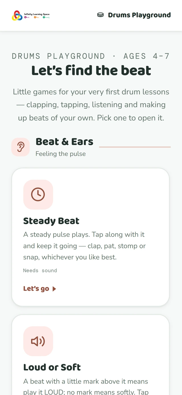 Drums Playground: short listening and clapping games written for ages four to seven.
