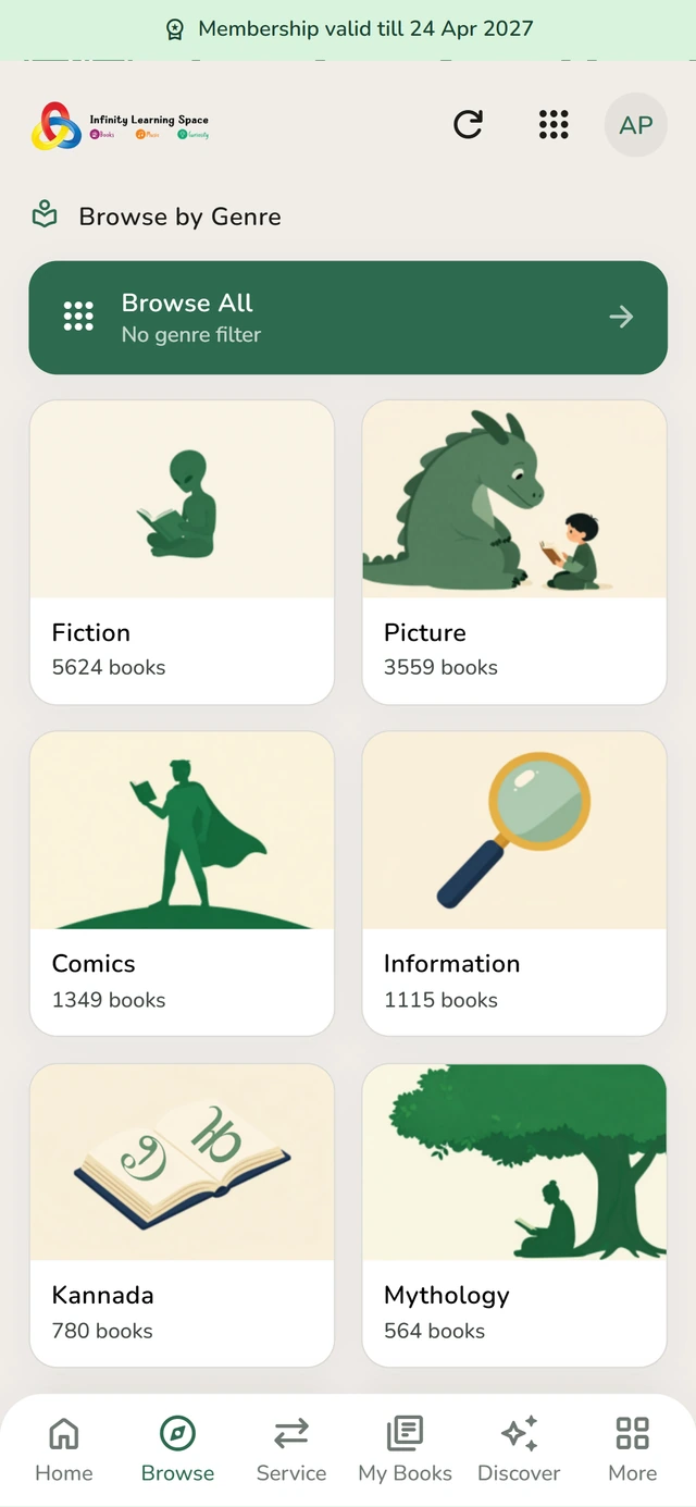 Browsing the library by genre, with the number of books on each shelf.